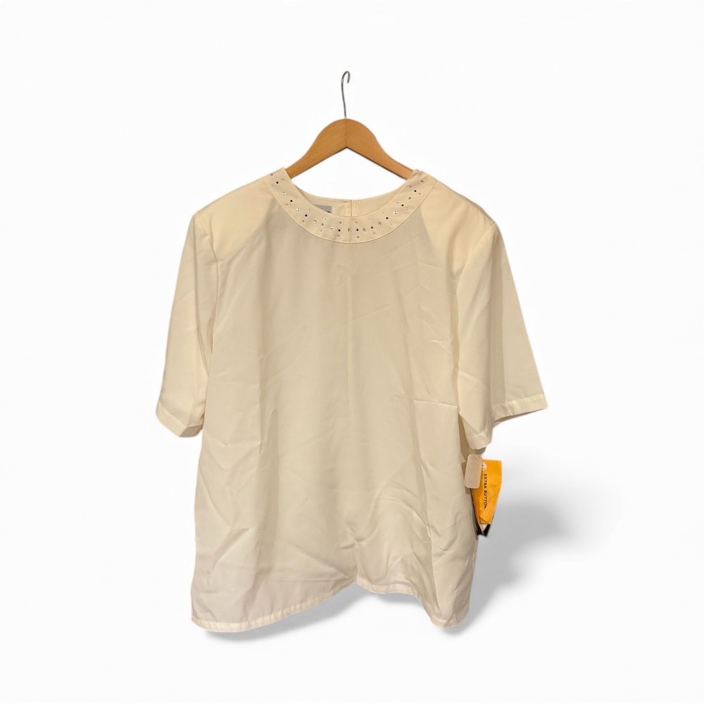 Vtg NWT Koret 80s Women Cream Rhinestone Collar Short Sleeve Blouse Sz16  fits L